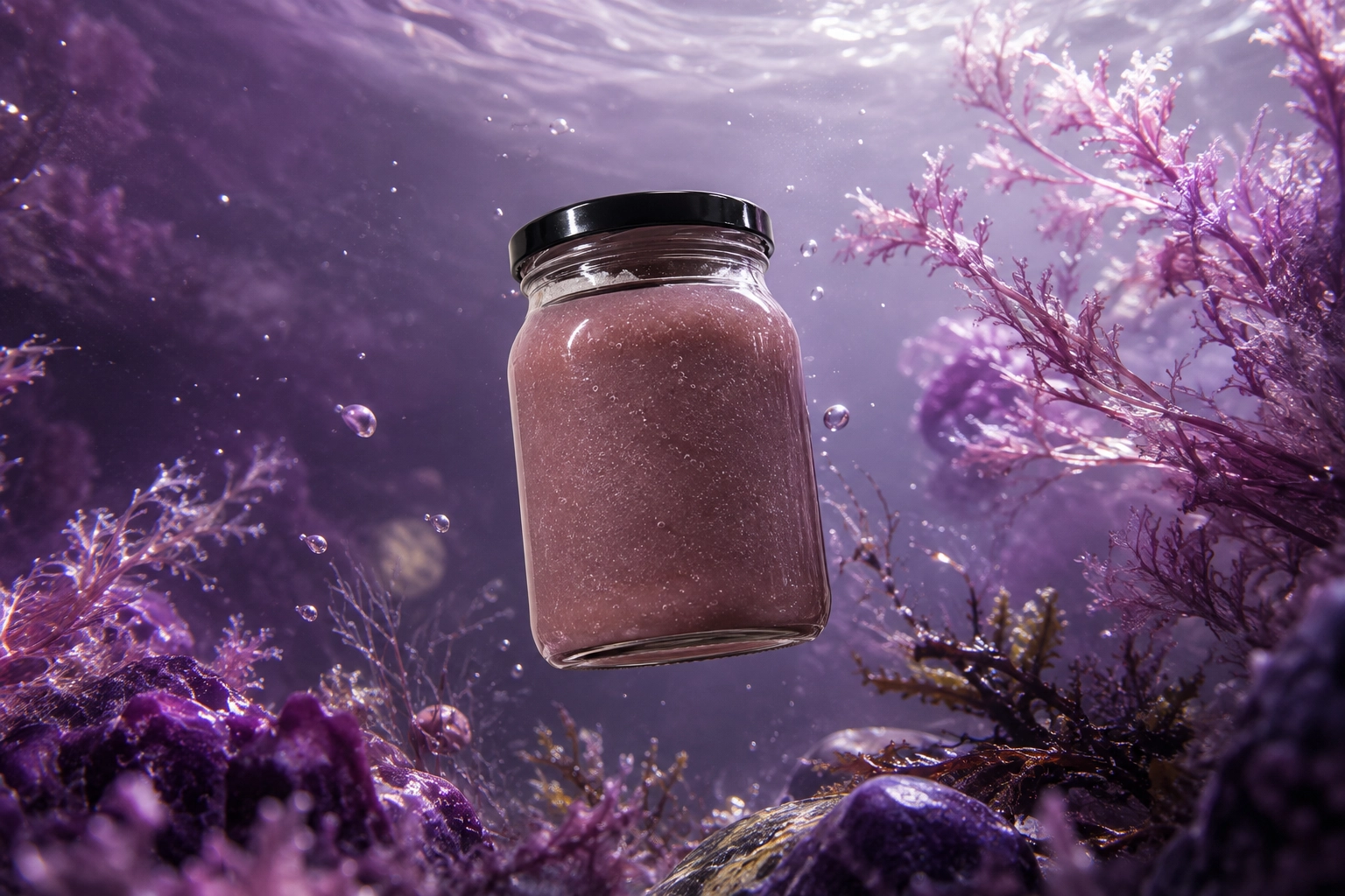 A jar of Remify purple sea moss gel resting beside raw ocean-harvested sea moss